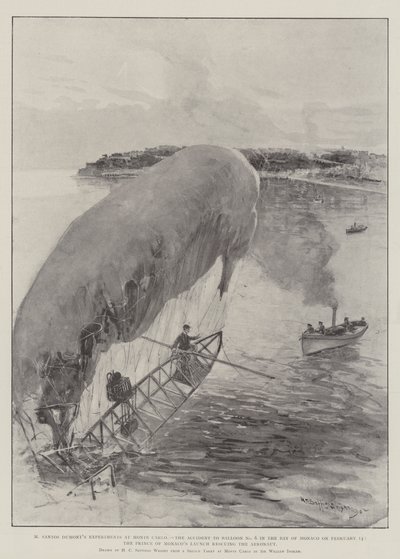 Experimente von M. Santos Dumont in Monte Carlo, der Unfall mit dem Ballon Nr. 6 in der Bucht von Monaco am 14. Februar, die Rettung des Aeronauten durch das Boot des Fürsten von Monaco von Henry Charles Seppings Wright